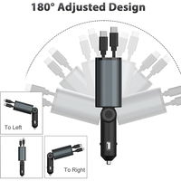 Vente chaude Charge rapide universelle Rotation à 180 ° Chargeur de voiture Adaptateur 12-24V Ports USB C Construit en 2 types de câble extensible Type C 75cm