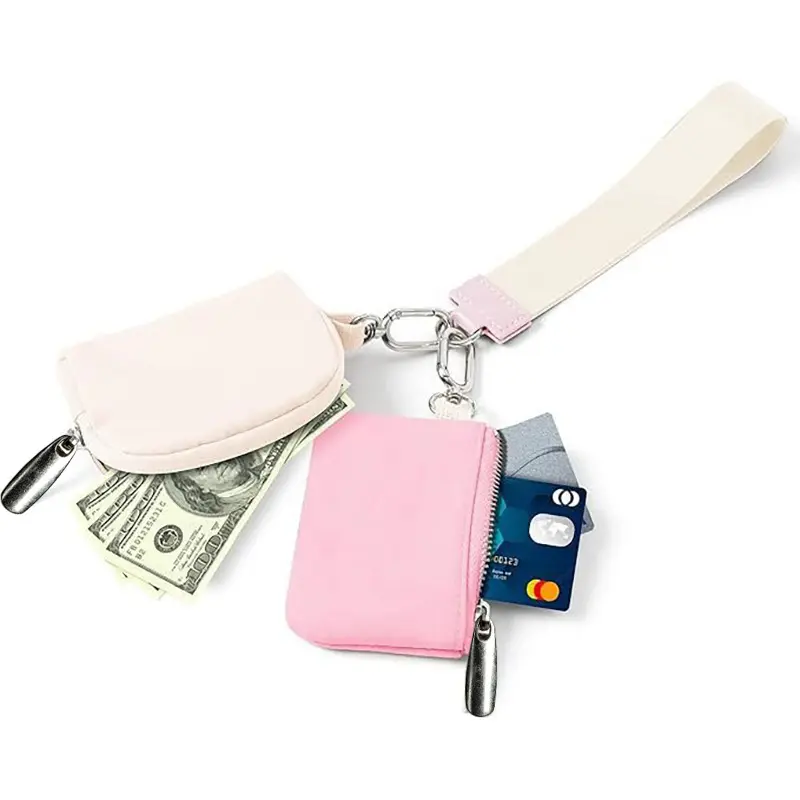 Portable zip pocket card holder dual nylon pouch wallet small mini coin purse wristlet keychain for women