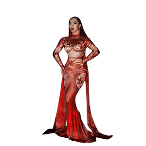 Sparkly Red Crystal Mermaid Wedding Party Dress Singer Performance Costume Sexy Bodycon Trailing Prom Dress Women Evening Gown