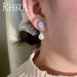 RAKOL EP516 Simole Cubic Zirconia Mujer Zircon Gota de agua Pendientes de perlas Boda - Product Image 3