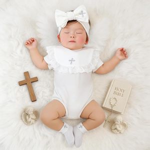 Ensemble cadeau de baptême Pinuotu pour bébé, <span class=keywords><strong>bavoir</strong></span>, bandeau et chaussettes 100% coton avec croix brodée pour nouveau-nés garçons et filles - Product Image 2