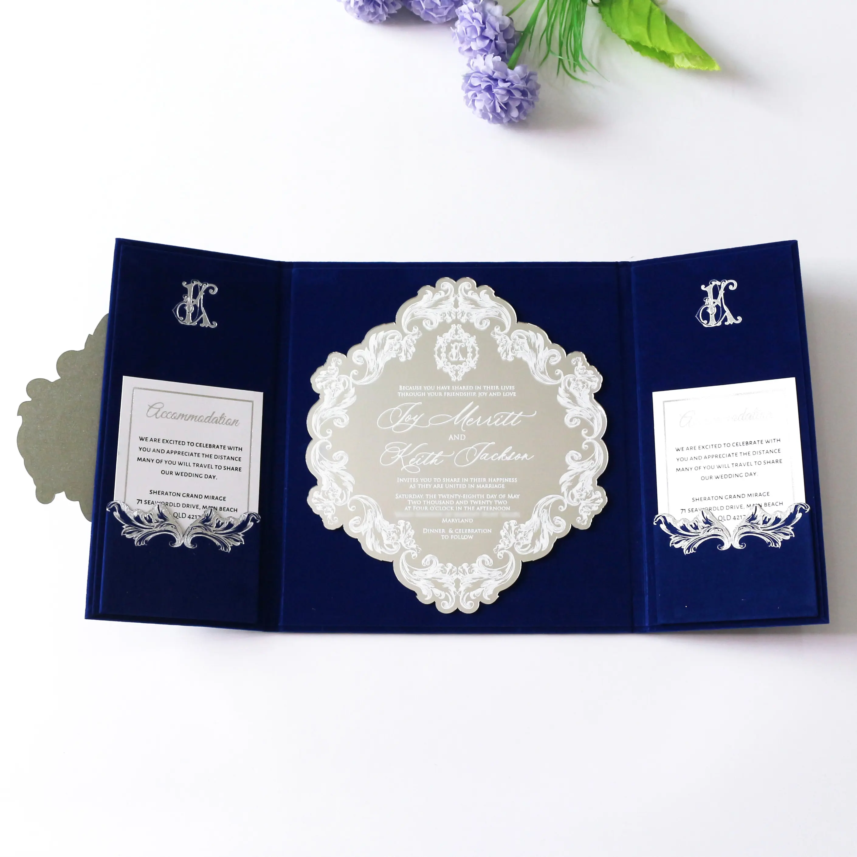 Luxe marine porte Type velours gris conseil argent miroir acrylique inviter blanc estampage couverture rigide cartes d'invitation de mariage