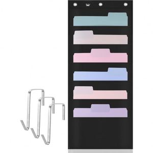 Hanging Wall <b>File</b> Organizer, 6 Pockets Black Oxford Cloth with 2 Hangers, Over the Door <b>Storage</b> for Home Office & Classroom - Product Image 4
