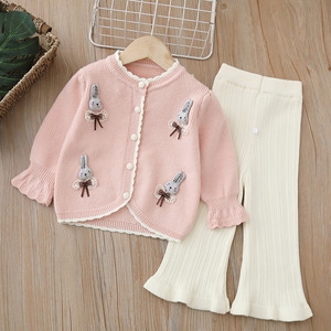 Ensemble de vêtements en tricot <span class=keywords><strong>d</strong></span>'<span class=keywords><strong>hiver</strong></span> pour enfants et filles Cardigan tricoté avec dessin de lapin pour enfants Pull à manches longues mignon - Product Image 1
