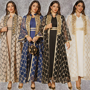 Ensemble Abaya deux pièces élégant et très vendu pour femmes musulmanes, été, Eid, polyester respirant, broderie de ruban doré - Product Image 3