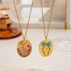 Lindo nudo de mariposa pintado goteo aceite conejo esmalte mascota ovalada Tarot tarjeta colgante collar de acero inoxidable joyería collar - Product Image 2