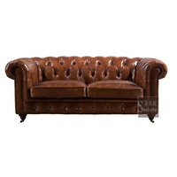 Ensemble de canapés Chesterfield de luxe en cuir véritable à 100 %, marron vieilli, capitonné, avec accoudoirs roulés en mousse haute densité, pour salon