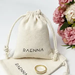 Custom Logo Printing Cotton Canvas Drawstring Bag Jewelry Bag Small Natural Cotton Canvas Packaging Bags