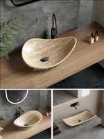 Lavabo de salle de bain de style Wabi Sabi Évier de forme irrégulière en travertin jaune Artistique Pierre artificielle Comptoir Lavabo à main