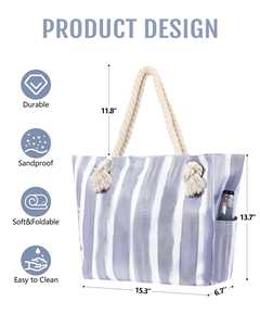 Sac fourre-tout en toile de haute qualité, grande capacité, avec poignées en corde de coton, robuste, pour la plage, les courses et le quotidien - Product Image 2