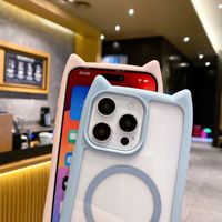 Casing Ponsel Transparan Anti Benturan dengan Magnet dan Telinga Kucing Lucu untuk iPhone 15 Pro Max Plus 11 12 13 14 16