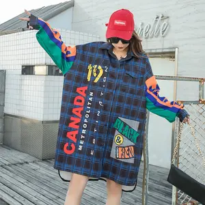 2022 Spring and Autumn Loose Oversized Top Letter Printing Spliced Women's Plaid Blouse Casual Mid-Length Shirt for Laides