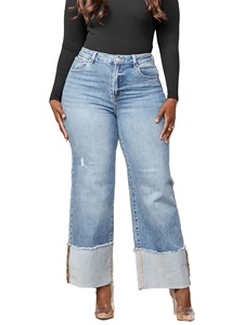 <span class=keywords><strong>Jean</strong></span> baggy bleu pour <span class=keywords><strong>femme</strong></span> YUANBOFEI, pantalon en denim évasé avec revers repliés, coupe ample, décontracté, grandes tailles - Product Image 2