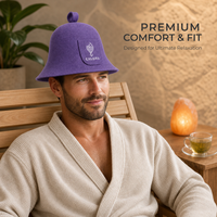 Chapeau de sauna en feutre de laine violet, doux et épais, à large bord, avec boucle de suspension et patch frontal en feutre brodé du logo personnalisé