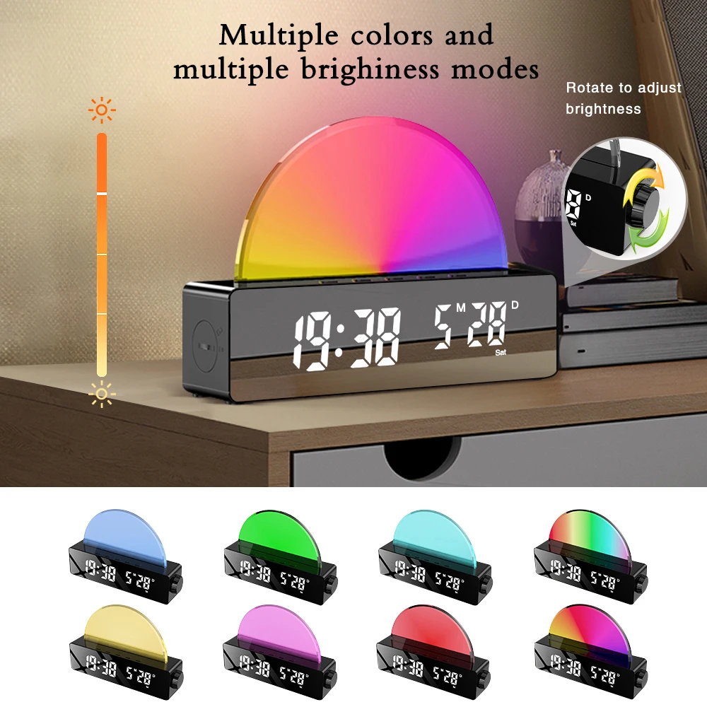 Digital clock with colorful brightness control.