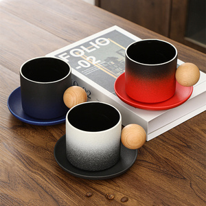 New Cute Round Wooden Handle Matte White Black Ceramic <strong>Coffee</strong> <strong>Mug</strong> with Saucer Coaster Custom Logo - Product Image 1