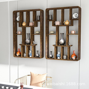 Solid Wood Wall Mounted Display <b>Shelf</b> Rectangle Modern Chinese Style Storage Rack For Living Room Tea Set Ornament Cabinet - Product Image 2