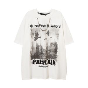 เสื้อยืดแฟชั่นโอเวอร์ไซส์สไตล์ฮิปฮอป ผ้าฝ้าย สีดำขาว ลายกราฟฟิตีด้านหน้า พร้อมลายตัวอักษรโซ่ร้อยด้านหลัง ทรงหลวม ใส่ได้ทั้งชายและหญิง - Product Image 2