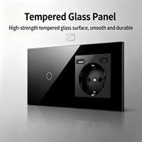 Interrupteur mural à commande tactile UBARO, prise EU avec port de charge USB type C, panneau en verre trempé noir, taille 157, prise murale 16A