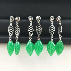Women elegant jade carve earrings genuine engrave leaf jewelry natural green stone dangle earrings quality mom birthday gift