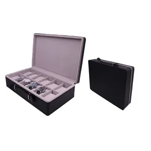2024 New Style Fashion Black Special PU Leatherette Watch Storage Organizer Case For Travel With Handle Luxury 12 Slots