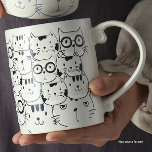 Tasse à café en céramique peinte à la main sous glaçure, motif chat mignon, tasse à petit-déjeuner, bol à flocons d'avoine, tasse en céramique à micro-overflow pour couples - Product Image 4