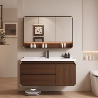 Meuble de salle de bain en bois massif de style médiéval avec lavabo en céramique intégré et miroir de salle de bain laqué pour hôtels