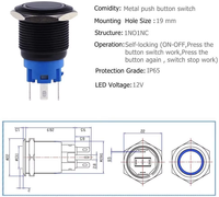 Interrupteur à bouton-poussoir à verrouillage en acier inoxydable 19mm 12V-24V/5A LED 1NO1NC SPDT on Off Interrupteur à bascule étanche avec prise de courant filaire