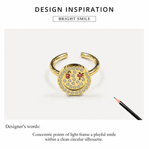 Rhinestone Smiley Open <b>Ring</b> <b>Stainless</b> <b>Steel</b> 14K Gold Vacuum Plated Adjustable Round Face Statement Jewelry - Product Image 3