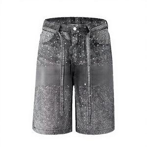 Shorts de mezclilla Euro-Americanos de corte recto, estilo Hip-Hop, con incrustaciones de diamantes, lavado medio, de nailon/algodón, novedad 2026 - Product Image 1