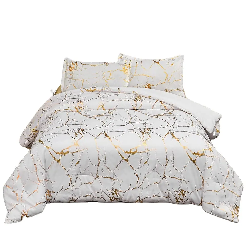 Conjunto edredor de cama dourado, conjunto de roupa de cama feita de poliéster, metálico e mármore, com estampa de folha e glitter, cobertura acolchoada, 2023