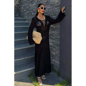 ชุดเดรสไหมพรมถักลายฉลุ คอไขว้ ทรงเข้ารูป สวมใส่สบาย ระบายอากาศได้ดี แขนยาว เหมาะสำหรับใส่พักผ่อน - Product Image 6