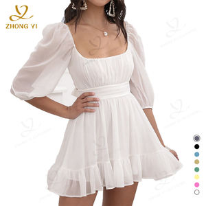 Pabrik Kustom Fashion pakaian musim panas gaun renda kerah wanita kasual elegan sabuk putih lipit gaun Mini - Product Image 1