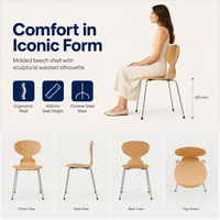 Chaise de style Ant, coque en contreplaqué de hêtre, structure en acier chromé, chaise empilable pour restaurant