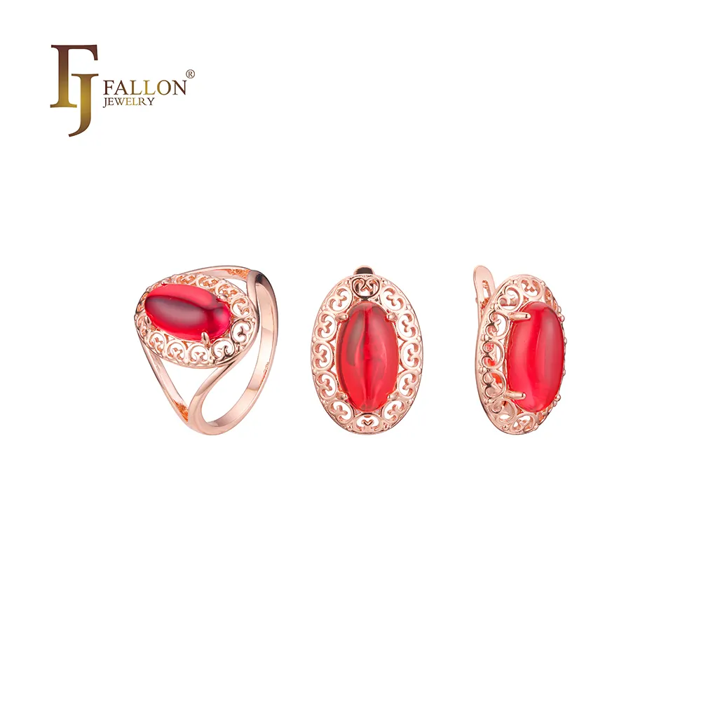 F81200462 FJ Fallon Fashion Jewelry Big Solitaire Halo Jewelry Set With Rings Filigree Plated In Rose Gold Brass Based