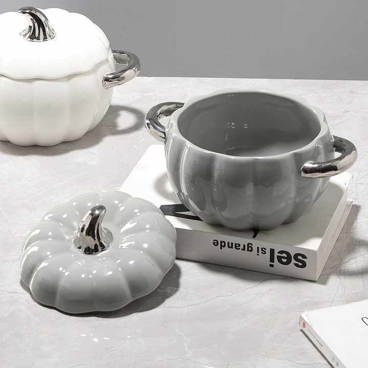 Double Ear Ceramic Pumpkin Dessert Bowl Home Kitchen Children's Steamed Egg Salad with Lid Ceramic Baking Bowls