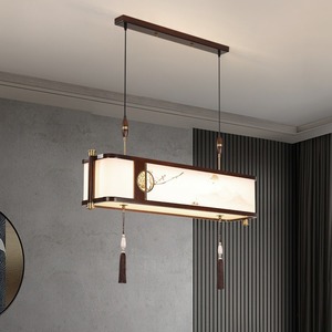 Lámpara de araña LED de cobre estilo chino con altura ajustable, rectangular, de madera maciza, nuevo estilo, para comedor, estudio, sala de té, madera de ébano - Product Image 1