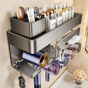 Organizador de baño montado en la pared, color gris plomizo, con soporte para cepillos de dientes y almacenamiento de cosméticos, montaje en esquina, estante rectangular duradero - Product Image 4
