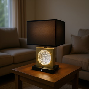 Lampe de table carrée en cristal doré de 22 pouces avec abat-jour en tissu noir, port USB, éclairage de chambre à coucher, design contemporain - Product Image 2