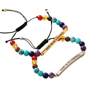 Pulsera <span class=keywords><strong>de</strong></span> 7 Chakras con Cordón Trenzado <span class=keywords><strong>de</strong></span> Piedras Naturales, Grabado con la Frase GOD IS IN CONTROL, Barra <span class=keywords><strong>de</strong></span> Acero Inoxidable Ajustable, Joyería Cristiana Unisex - Product Image 5