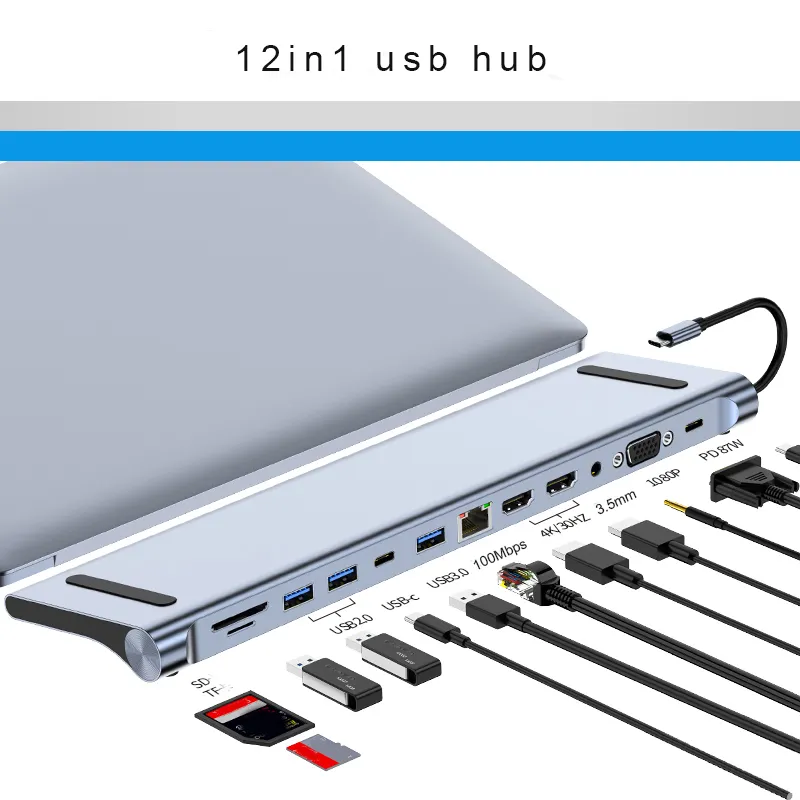 12 في 1 USB C محور الإرساء محطة متعددة ميناء رصد USB نوع C إلى 4K موانئ دبي HDTV مهايئ VGA نوع c محور