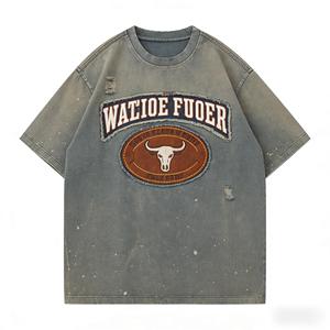 Fabricant de t-shirts streetwear OEM/ODM : T-shirt pour homme WATIOW FUOER avec patch tête de taureau, effet délavé vintage, coupe oversize - Product Image 1