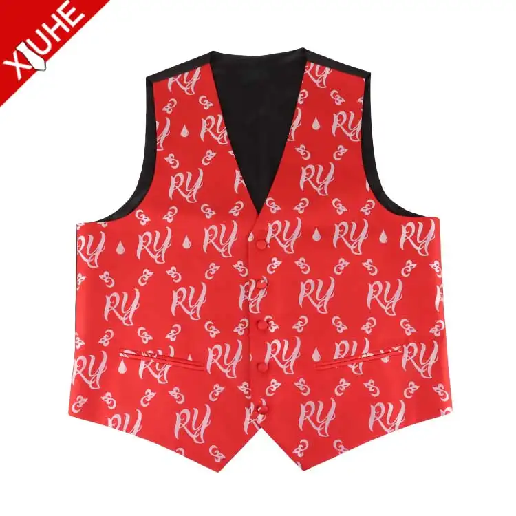 Heren Gilet Fancy Patroon Rode Kleur Vest Custom Logo Geweven Polyester Vesten