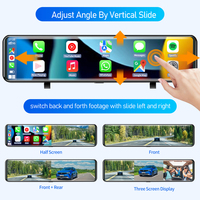 Caméra de tableau de bord à 3 canaux Miroir Carplay et Android Auto avec caméra frontale et intérieure extractible Caméra de recul à rétroviseur 12"