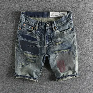 Celana pendek denim pria, Bawahan kasual pria Amerika high street longgar lurus setengah panjang