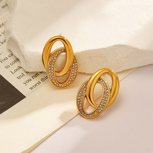 Aros de Acero Inoxidable Chapados en Oro con Diamantes Blancos, Diseño Geométrico para Uso Diario - Product Image 3