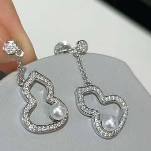 S925 Sterling <b>Silver</b> Freshwater Pearl Drop <b>Earrings</b>, Micro Pave Zircon Hollow Gourd <b>Dangle</b> <b>Earrings</b> for Women Party Jewelry - Product Image 2