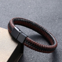 Bracelet en Cuir Homme Luxueux, Tressé Vintage, avec Fermoir Magnétique Noir, Vente en Gros