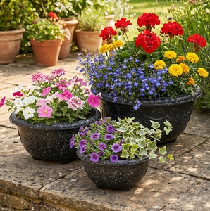 Heavy Duty Injection Molded PP <b>Plastic</b> Shallow Bowl <b>Planters</b> Speckled Faux Stone Finish Footed Bottom Small Size - Product Image 5