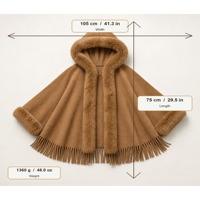 Cape Poncho Châle à Capuche en Fausse Fourrure pour Femme, Tricot Lourd et Chaud pour l'Hiver, 105x75cm, 1360g, Vente en Gros, Personnalisé, OEM, ODM, Usine en Stock, Franges